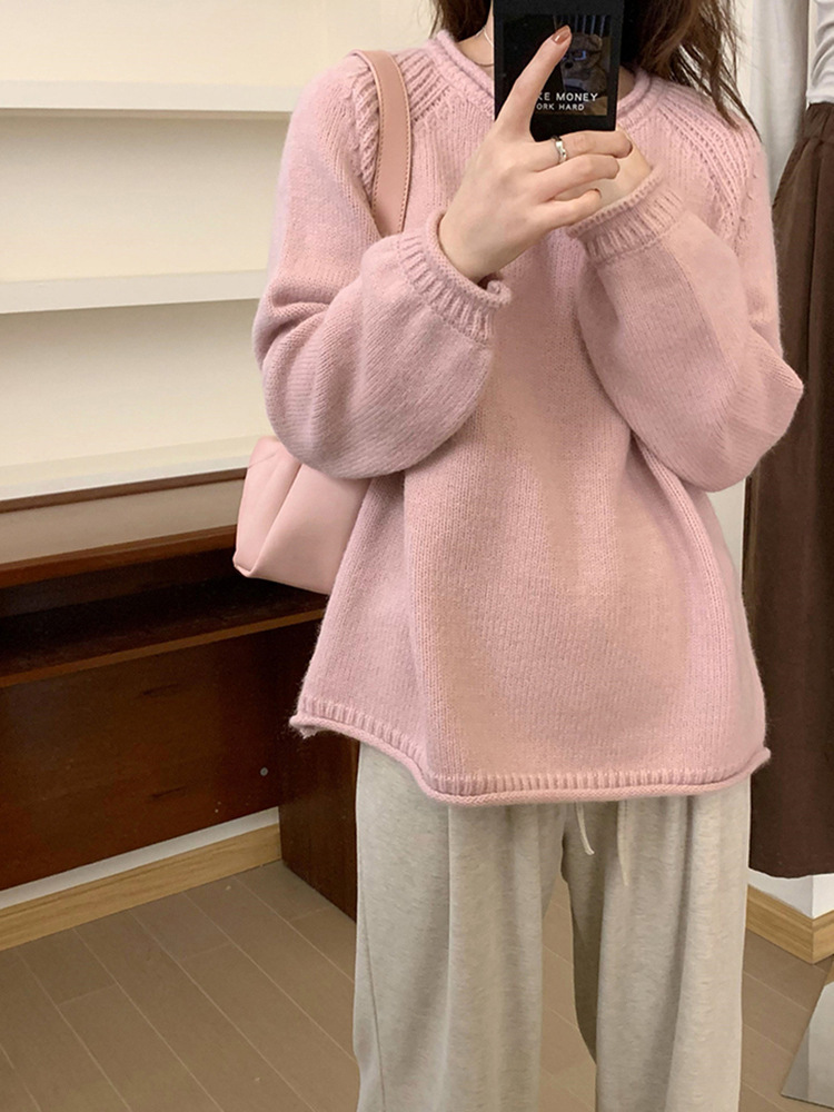 Korean-style puffed solid color pullover sweater for women, gentle and loose knitted top, versatile, laid-back style, fashionable and soft sweater pic 5
