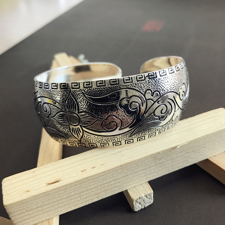 Retro ethnic style silver bracelet, European and American carved wide opening bracelet, fashionable and individual Miao silver aged ancient-style jewelry pic 27