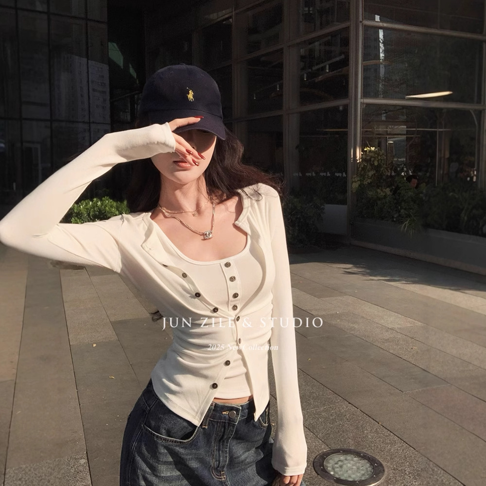 基础款纯色简约百搭舒适慵懒风薄款上衣U领打底衫内搭长袖t恤女详情9