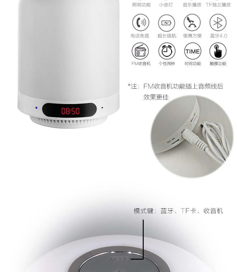 Touch Seven-color smart Bluetooth speaker, night light, alarm clock, TF card insert speaker, bedside lamp, Amazon cross-border factory pic 10
