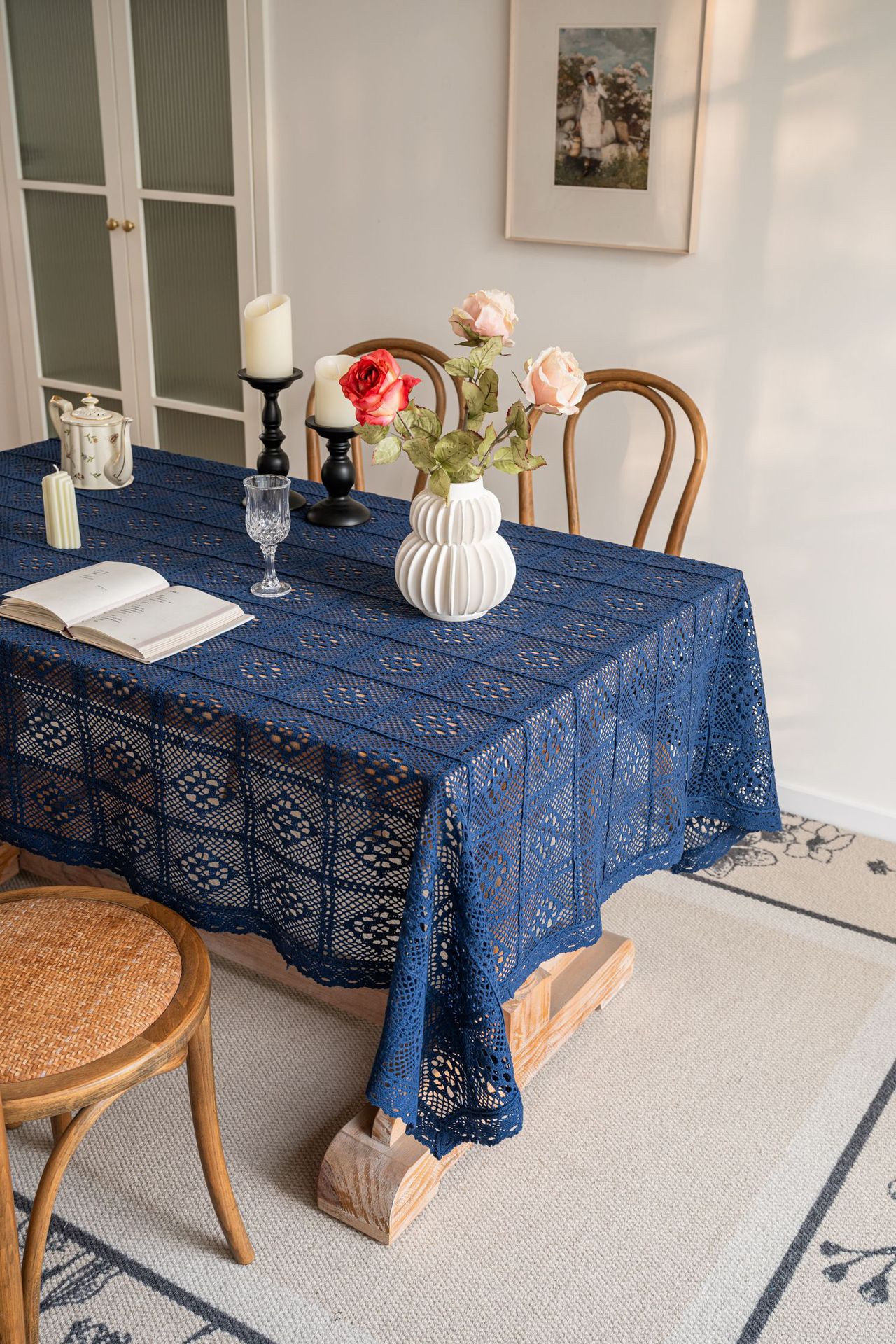 Cross-border hollowed-out hidden deep blue tablecloth, retro crochet photo art book, personalized cotton thread woven tablecloth cover pic 20