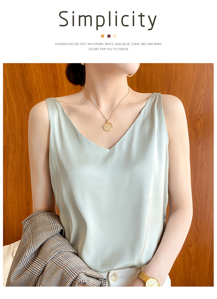 Chaleco halter mujer verano cuello V traje interior y exterior chaleco de seda polainas blancas satén morera seda halter mujer pic 2