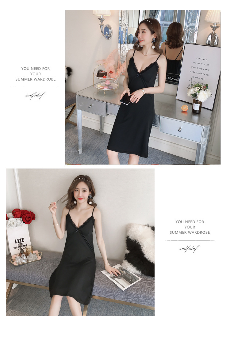 Invisible cushioned halter nightgown for women, sleeveless vest, V-neck lace mid-length skirt, home wear pic 6