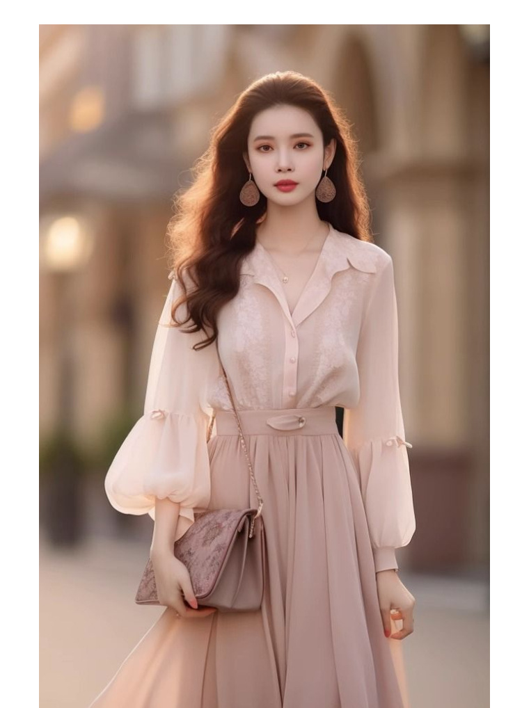 Autumn Outfit 2023 New Chanel-style shirt set, stylish and elegant pink long dress two-piece dress pic 8