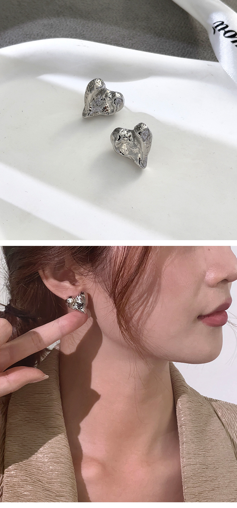 Ins-style personalized metal texture heart-shaped alloy stud earrings, simple and niche design, heart-shaped fashionable earrings and earrings pic 4