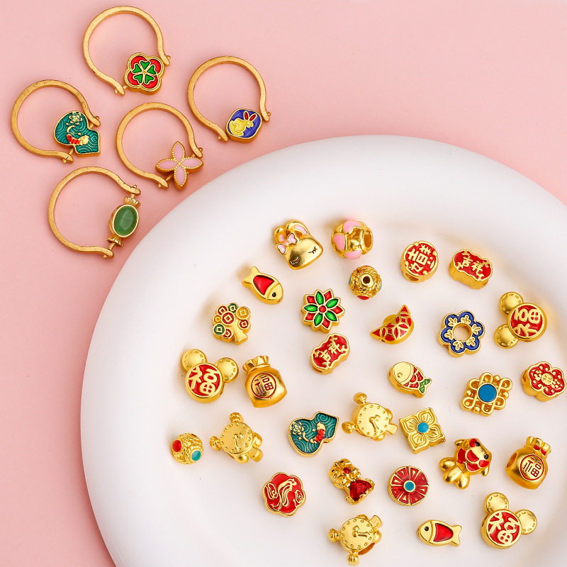 New sand-gold open ring, handcrafted DIY Chinese series, ingots, koi fish, rabbits, money trees, auspicious wholesale pic 2