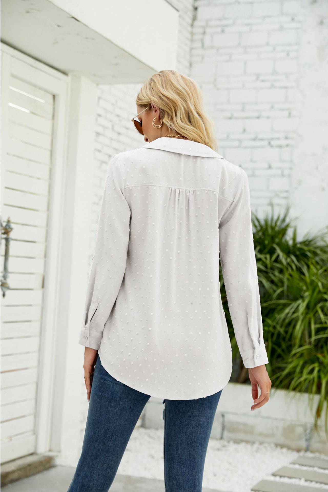 跨境欧美女装亚马逊秋冬新款立领长袖衬衫提花毛球休闲宽松上衣女详情14