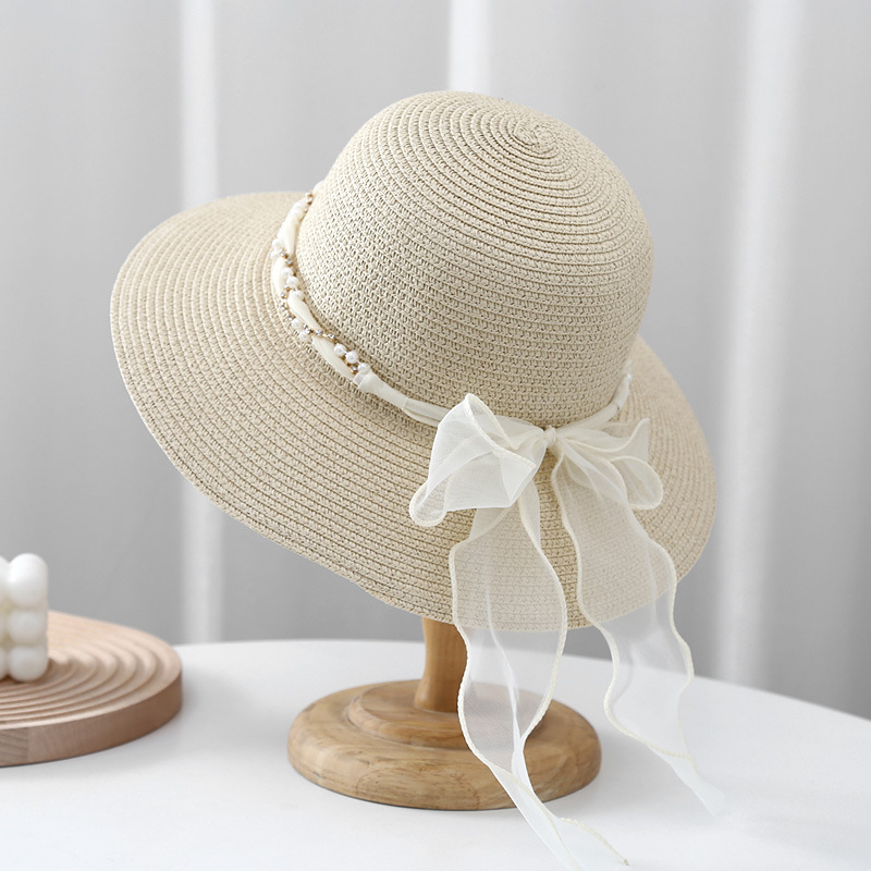 Sombrero de playa de encaje francés con correa de cola grande sombrero de playa paseo marítimo sombrero de paja mujer protección solar versátil moda strass sombrero de pescador pic 7