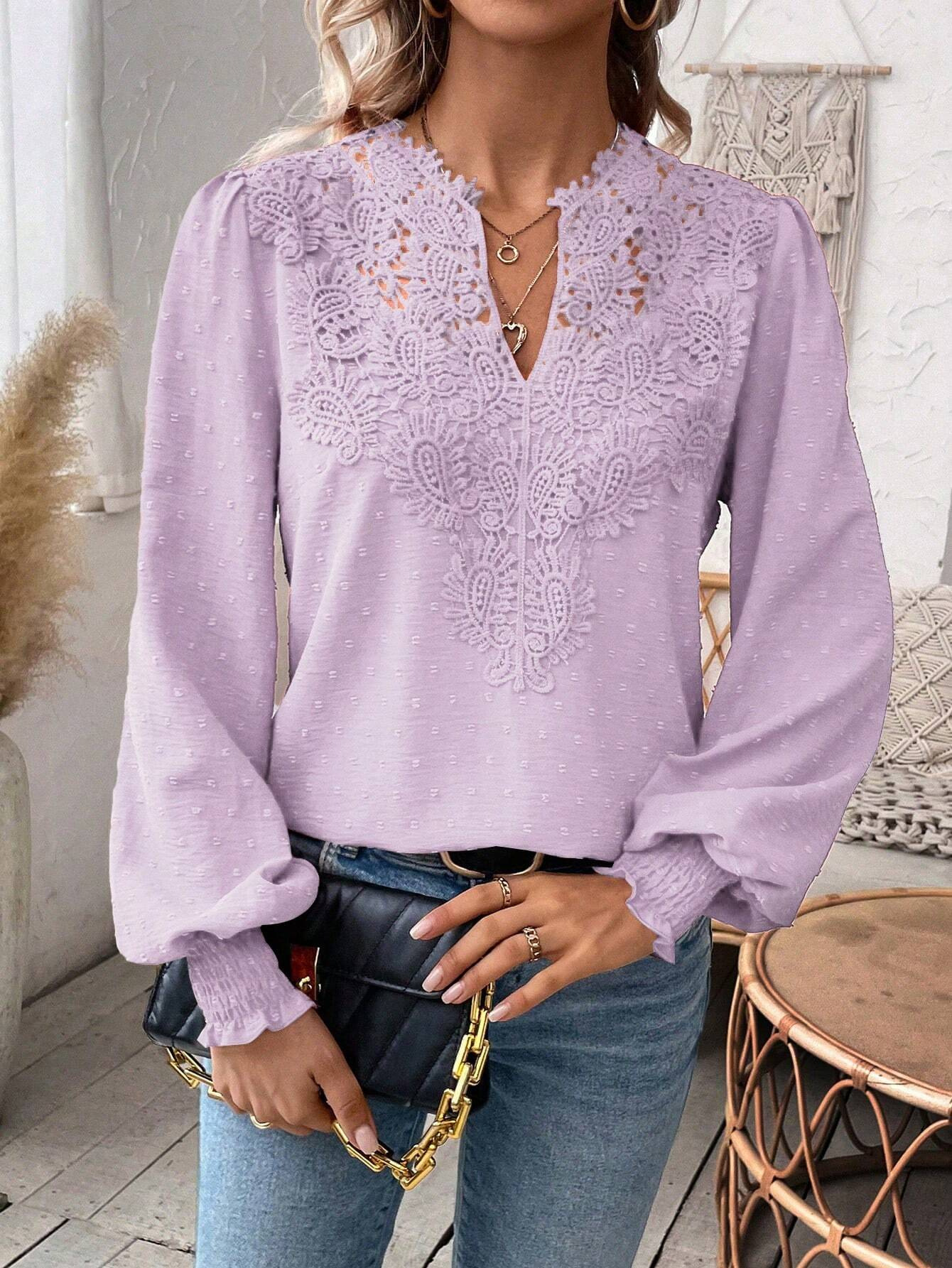 The new autumn and winter fashion V-neck lace solid color long-sleeved casual T-shirt for women on Amazon Cross-border in Europe and America in 2024 pic 7