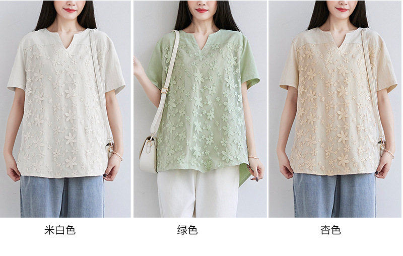 2022夏季新款速卖通欧美女装蕾丝刺绣短袖衬衫宽松女士上衣T恤详情8