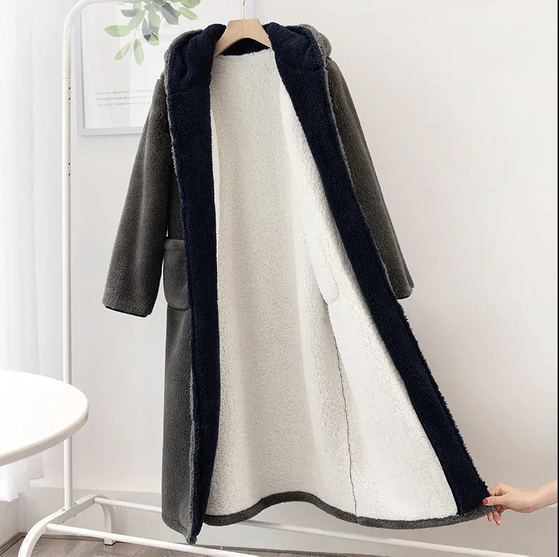 Fabricante oferta directa otoño invierno franela albornoz patched albornoz largo talla grande hombres y mujeres coral fleece pareja pijama bata de baño pic 3