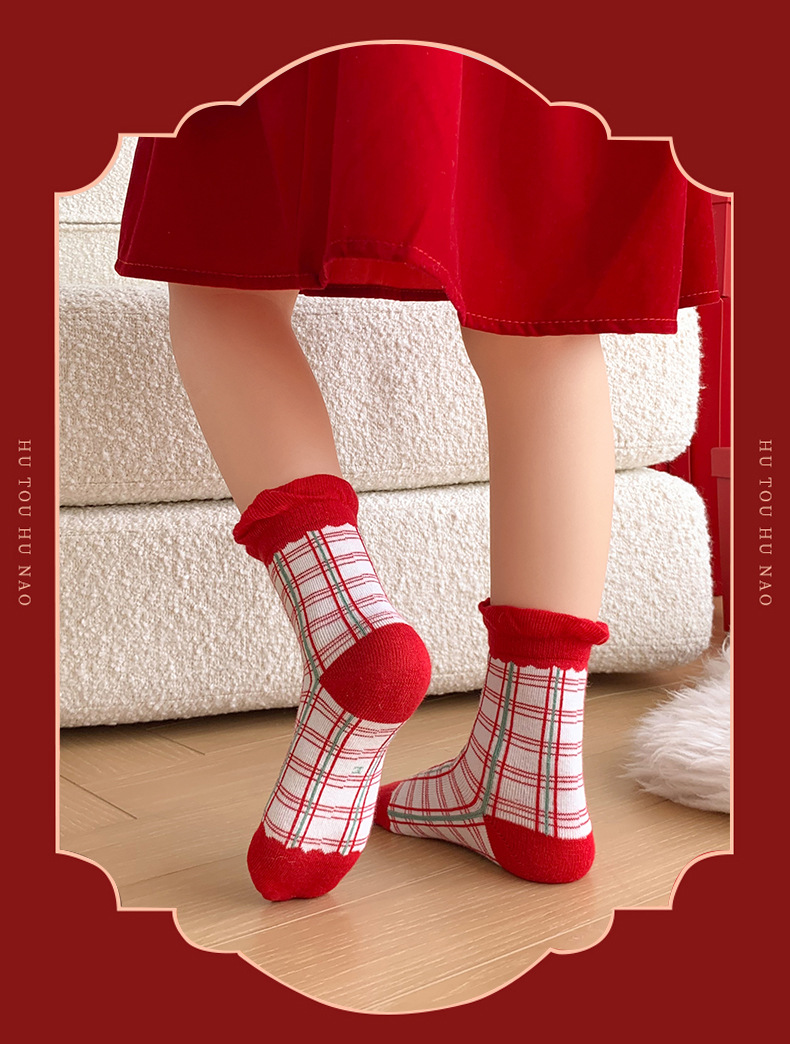 新年秋冬儿童大红袜子女平安熊红色喜庆中大童男女儿童中筒袜批发详情27