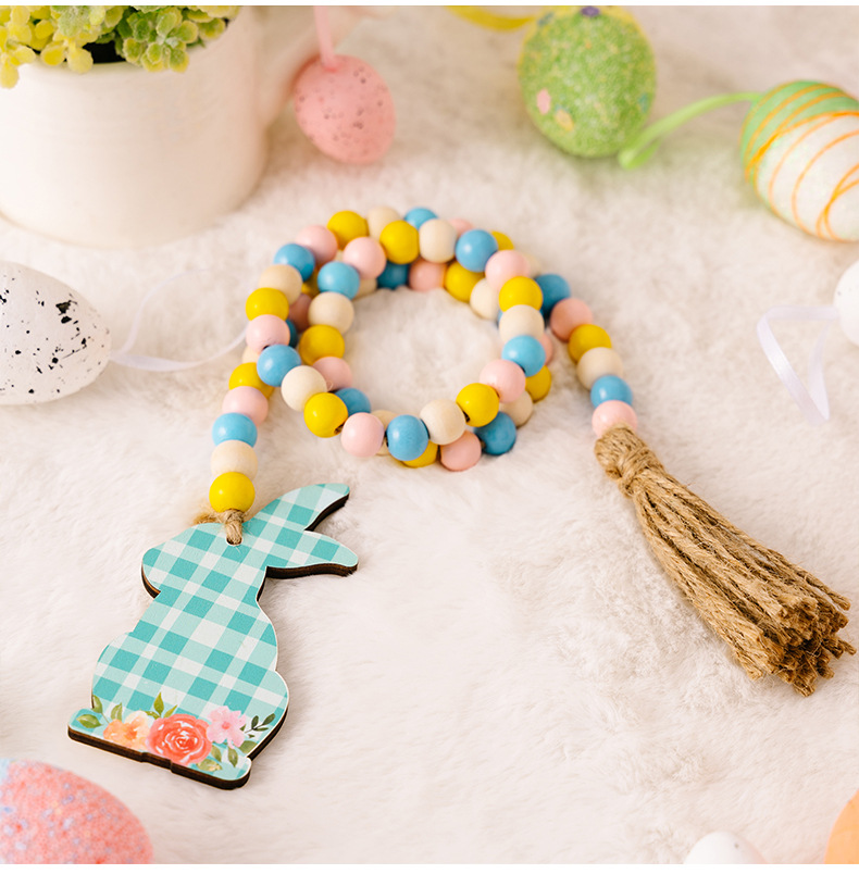 New cross-border Easter decorative items: Easter bead strings, checkered printed rabbits, wooden pendants, and colorful beads pic 10