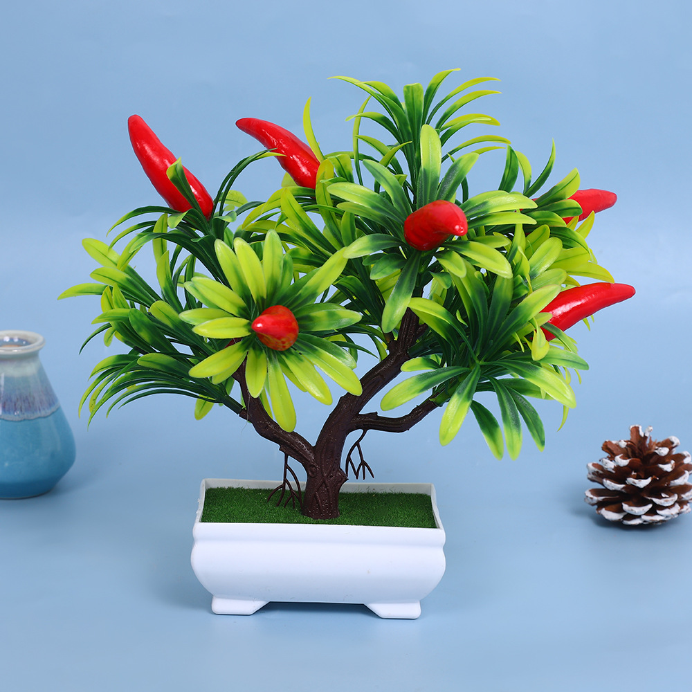 A comprehensive collection of simulated fruit potted plants and bonsai, including red apples, pomegranates, strawberries, oranges, peaches, mangoes, bananas, and red peppers for decoration pic 6