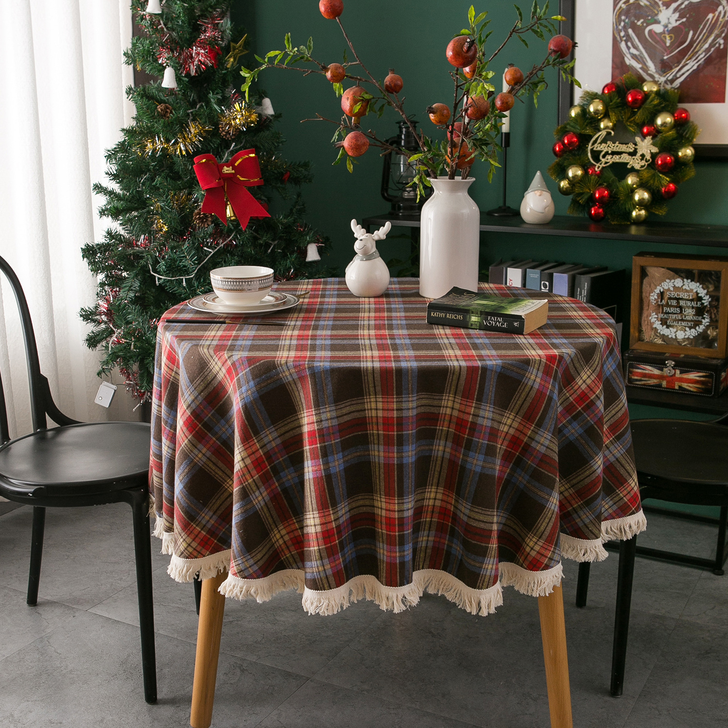 Cross-border Christmas holiday decoration table fabric, retro striped checkered cotton and linen restaurant party cover, Amazon pic 2