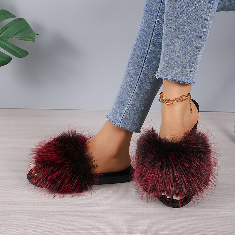 2024新款长毛绒拼色平底毛毛拖鞋女秋冬居家室内地板拖外贸一字拖详情19