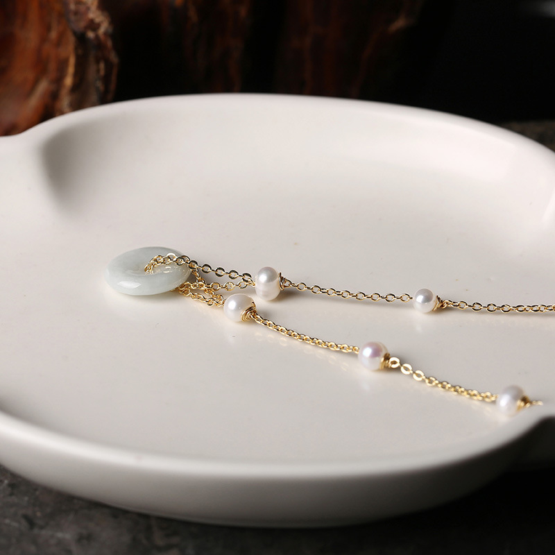 Original handcrafted 14k gold-encrusted pearl Hetian jade pendant, retro necklace, jade peace clasp, collarbone chain, elegant style pic 12