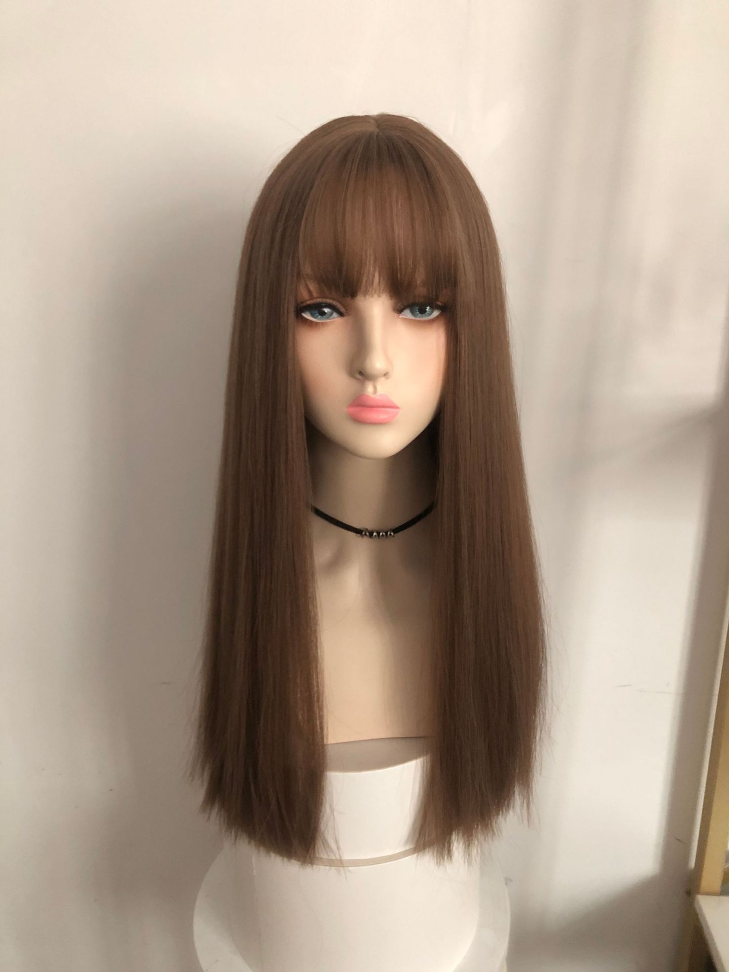 The bangs of the Internet celebrity, pure desire style, black long straight hair natural wig, female full head set, white and gold wig, long straight hair Barbie pic 2
