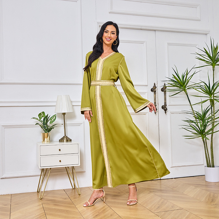 MT098中东外贸迪拜穆斯林长袍女装 刺绣金色珠片花边连衣裙 abaya详情19