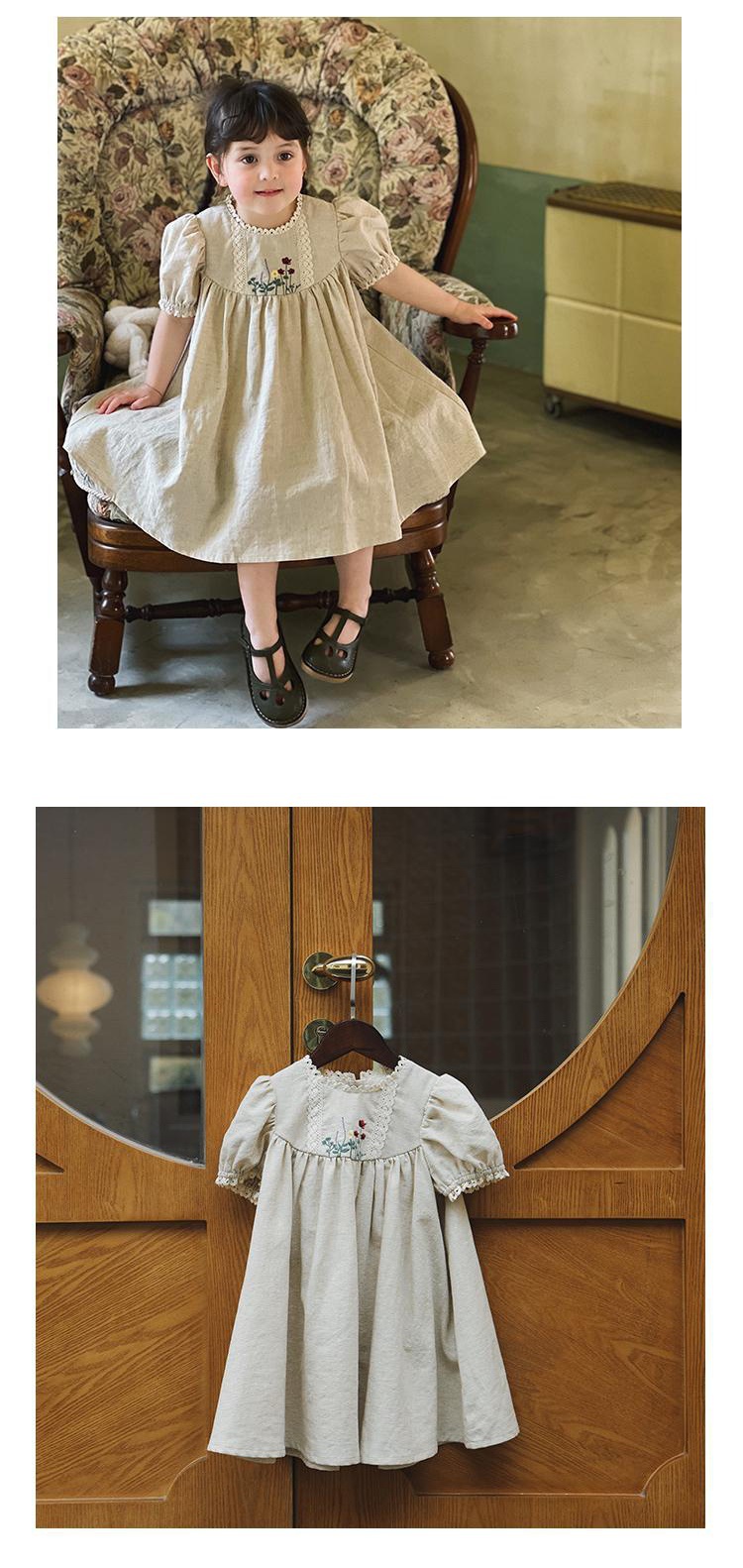 Girls' cotton and linen embroidered puffed-sleeve children's summer stylish princess dress, cute long dress for little kids pic 7