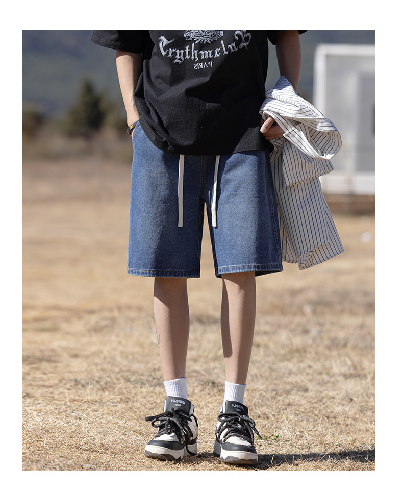 2024夏季新款牛仔短裤男浅蓝色松紧腰休闲裤潮牌百搭学生运动裤子详情13