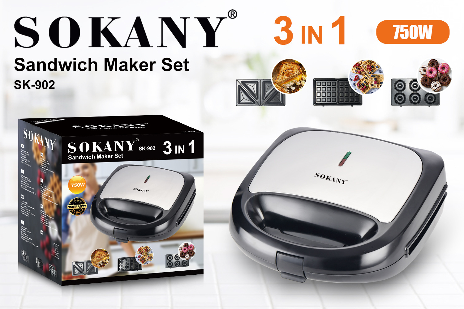 Cross-border SOKANY902 multi-functional sandwich maker, a 3-in-1 waffle donut sandwich roaster for home use pic 7