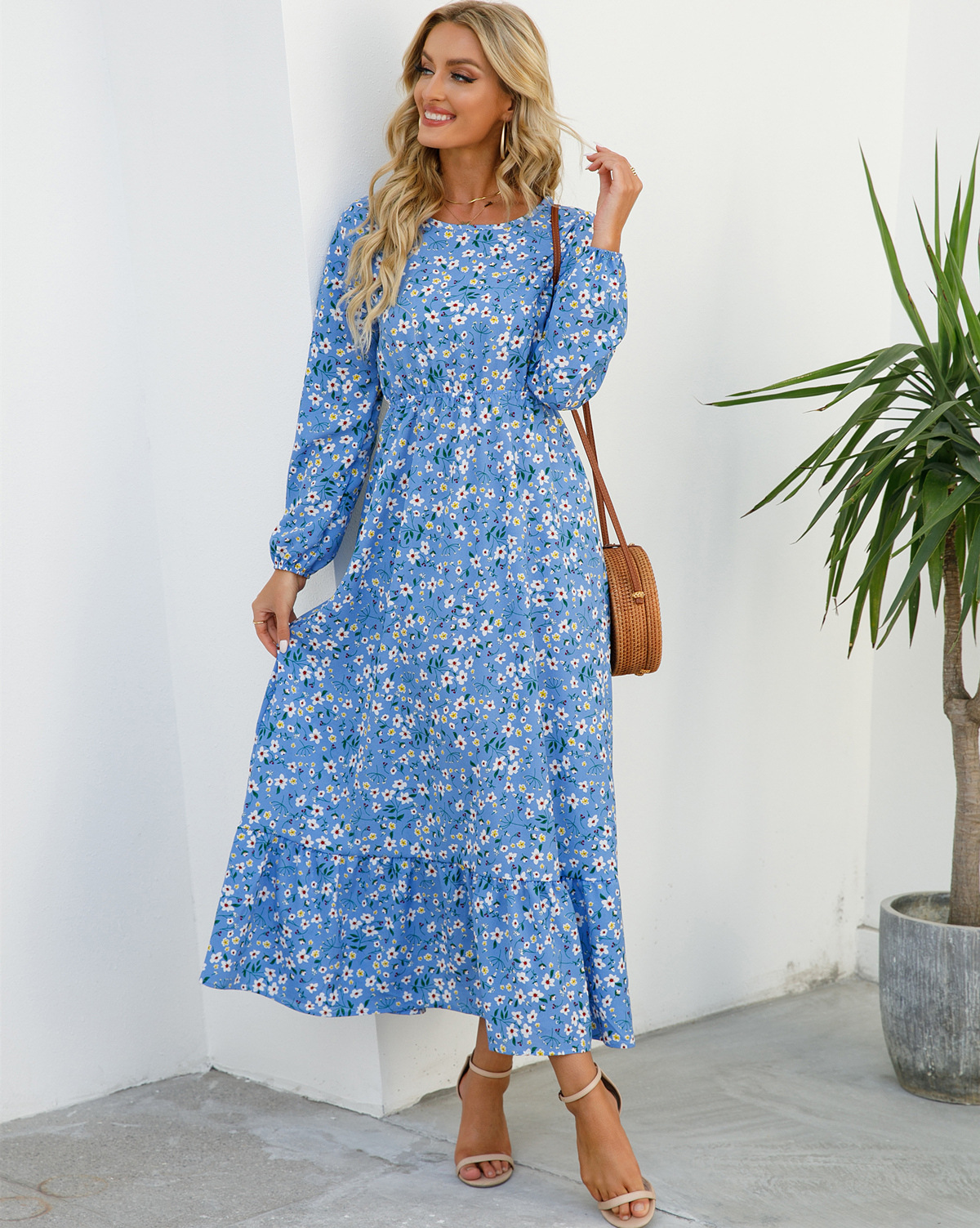 European and American floral long, round-neck, long-sleeved, waist-cinching and slimming dress pic 66