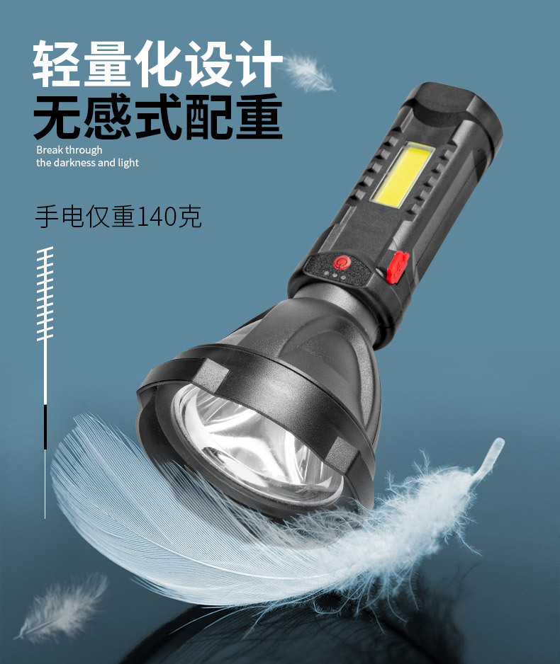 新款LED手电筒COB户外野营USB充电带侧灯电显塑料聚光远射小手电 pic 13