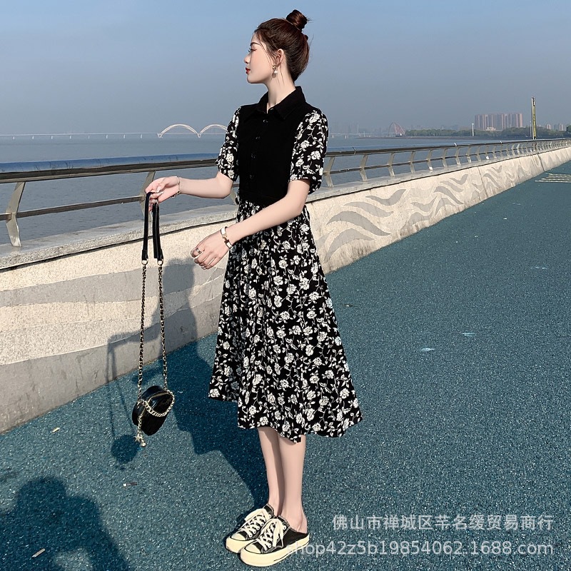 Early spring petite elegant dress for women 2023 summer waist-cinching and slimming lady chiffon floral mid-length dress pic 4