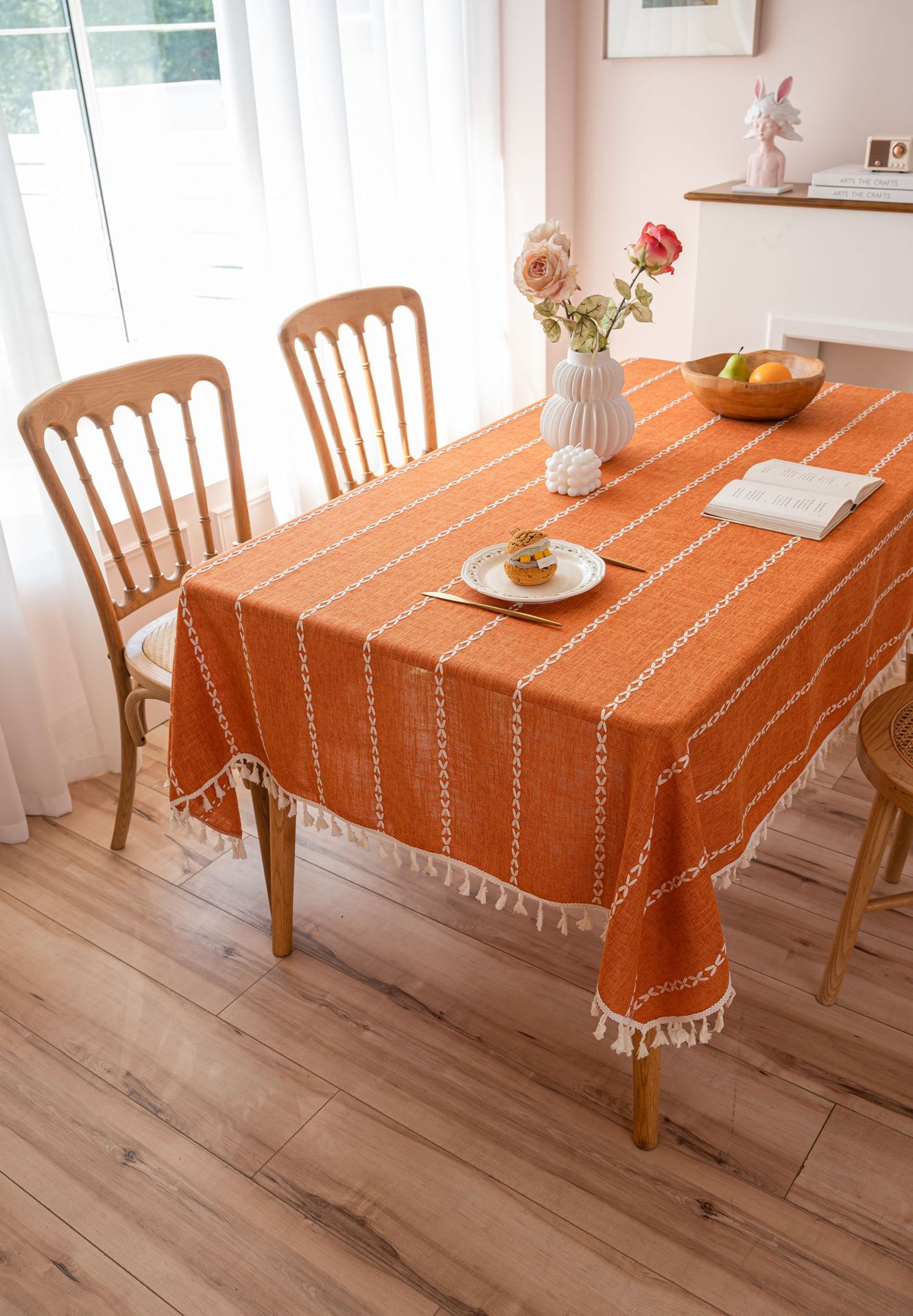 Cross-border three-dimensional embroidered striped tablecloth, popular black solid color, white cotton and linen tablecloth cover, fabric outdoor party pic 36