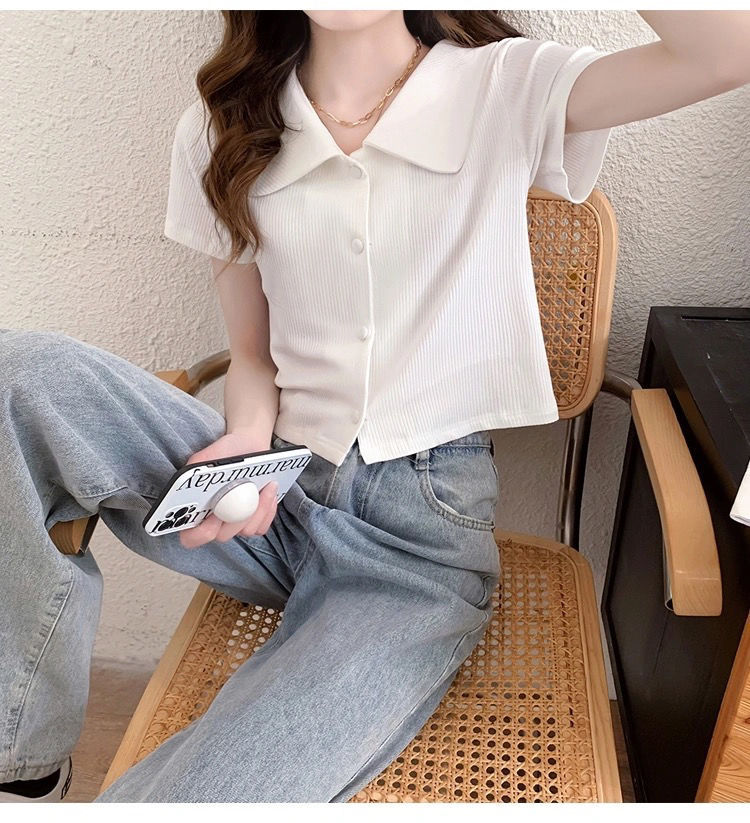 冰丝短袖上衣女2024春夏季新款韩版洋气小清新翻领百搭短款T恤开详情15
