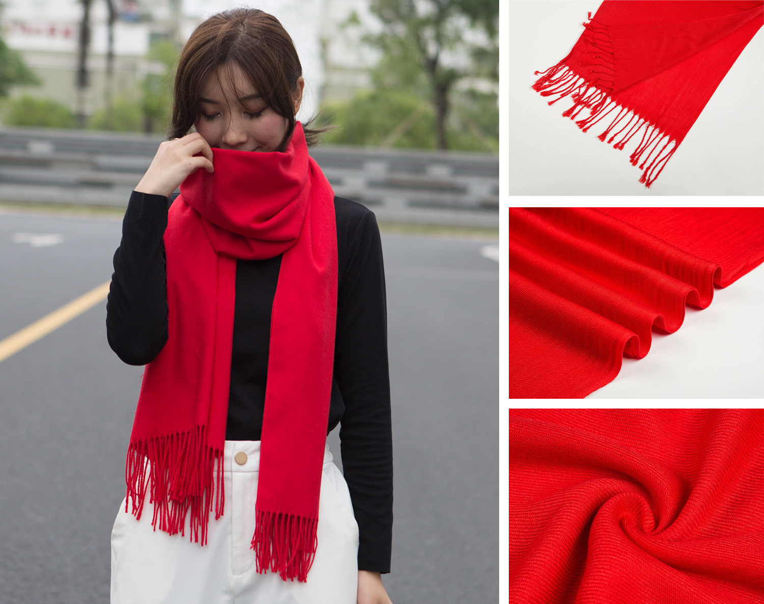 Autumn and winter silk velvet long scarf, Chinese red tassel warm scarf, company annual meeting souvenir shawl for women pic 15