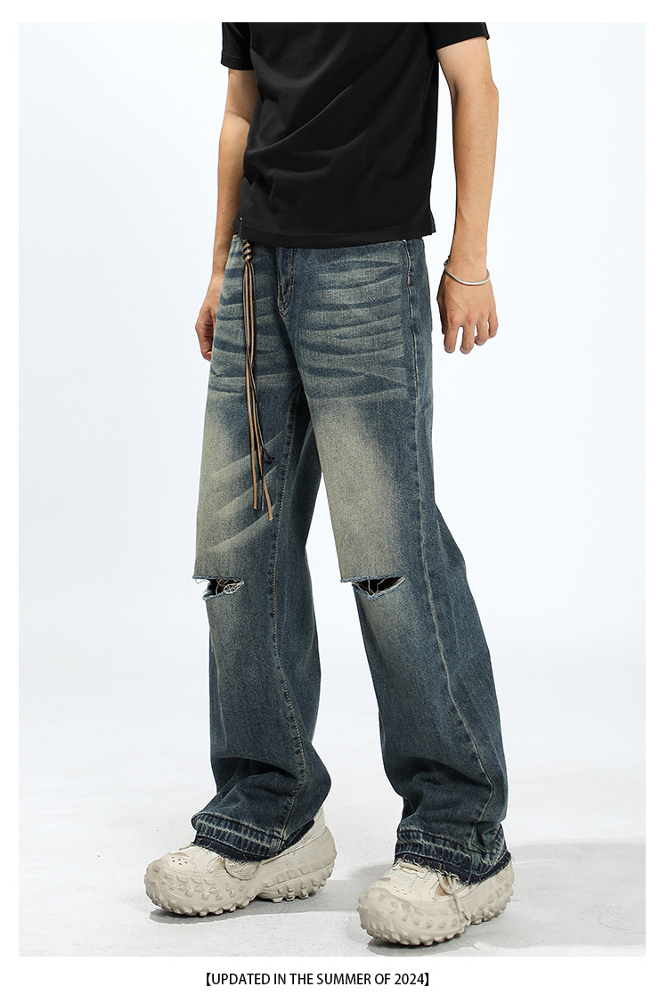 秋冬牛仔裤男美式复古水洗做旧宽松显瘦高腰直筒破洞阔腿拖地裤详情9