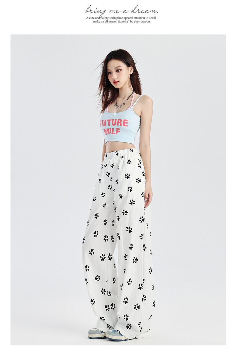 狗狗爪印花宽松阔腿山本裤女2024秋季新款松紧高腰垂感直筒休闲裤详情18