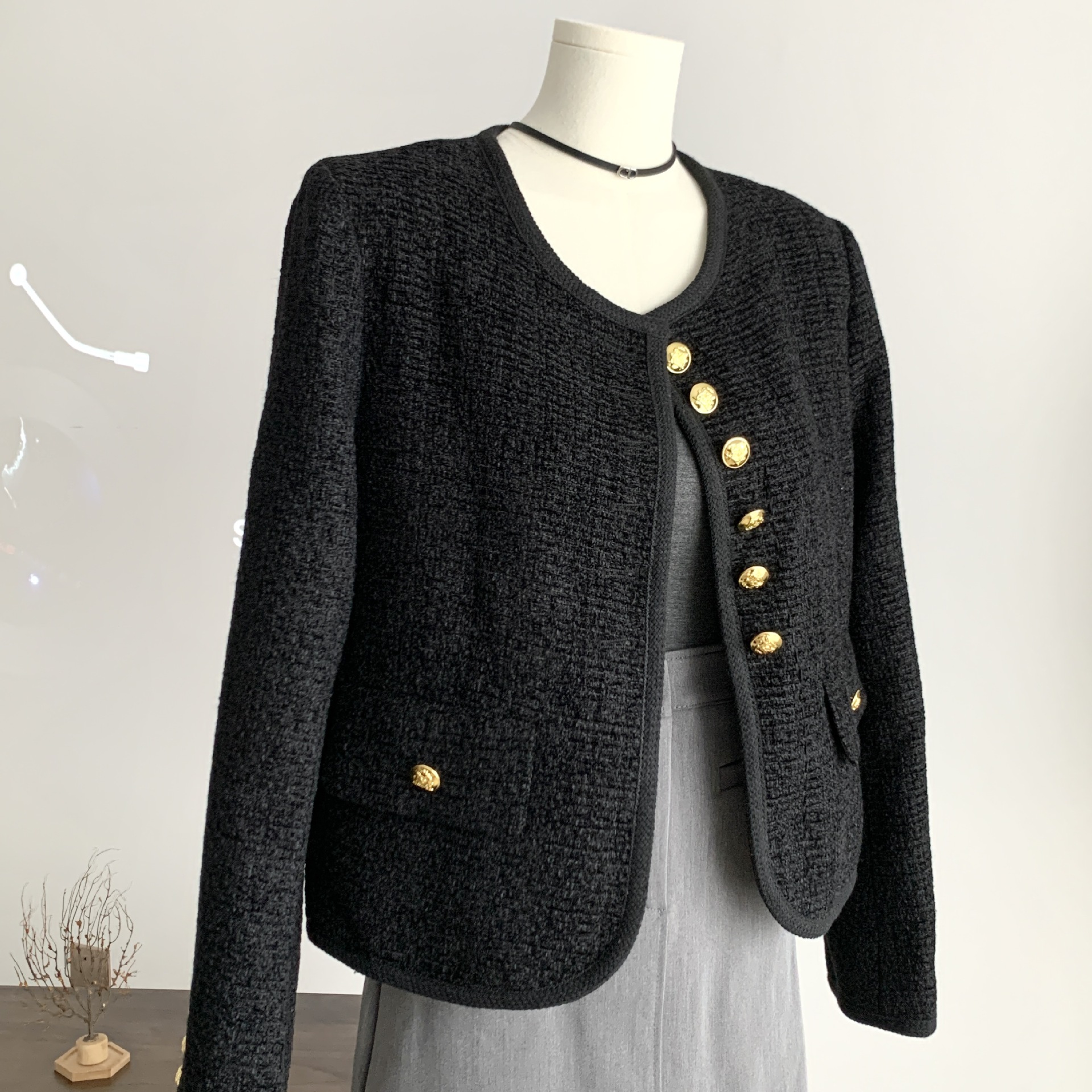 同款~黑色小香风短外套女23秋冬新款粗花呢六扣双口袋详情42