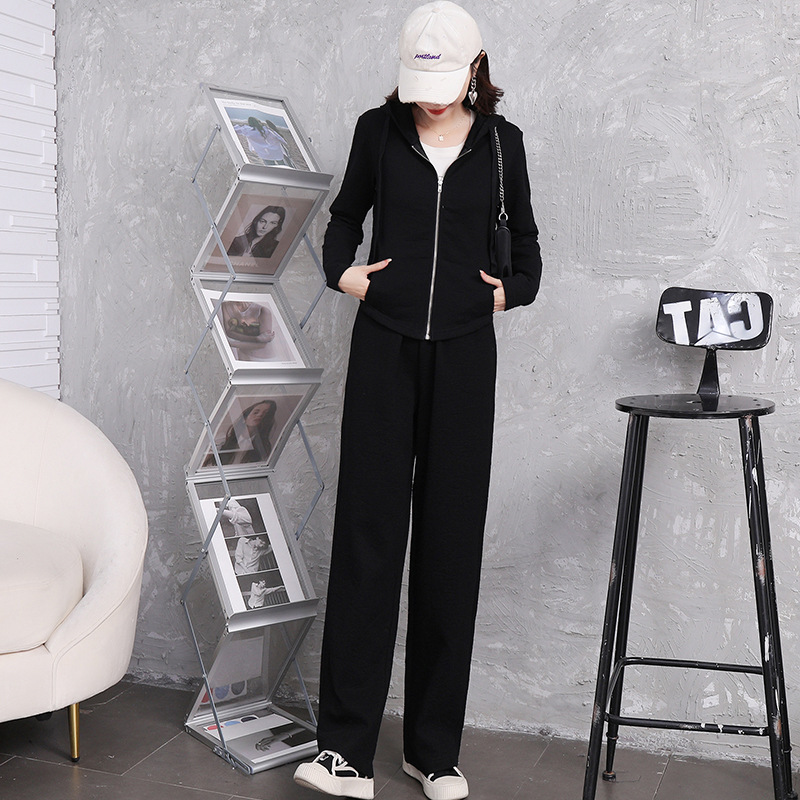 Early spring pure cotton fashionable casual set for women, loose, sporty and slimming straight-leg high-waisted wide-leg pants, zipper hooded jacket pic 21