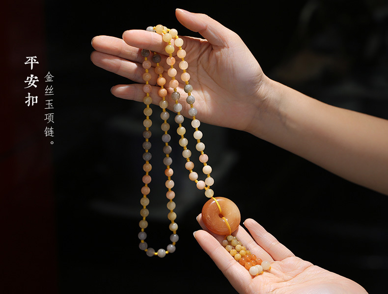 Retro ethnic style gold thread jade round bead necklace, sweater chain, long tricolor jade pendant, factory direct sales pic 13