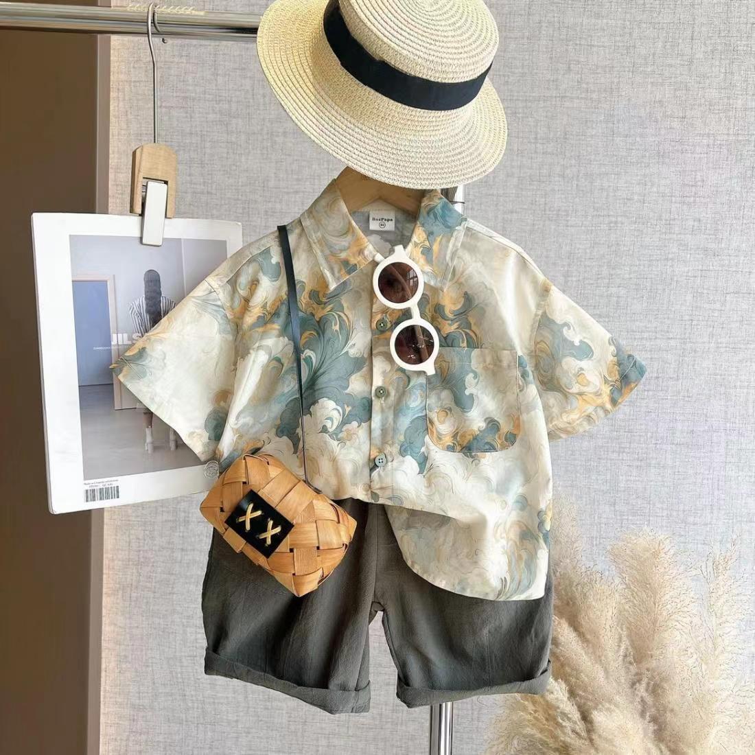 男童短袖衬衫套装海浪图绘短袖儿童时尚夏款老花拼接衬衣两件套潮详情6