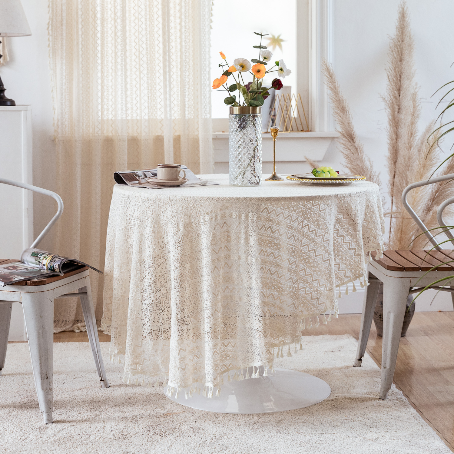 National trend retro hollowed-out lace cover fabric, ins style rectangular white country tablecloth, round table and small round tablecloth pic 24