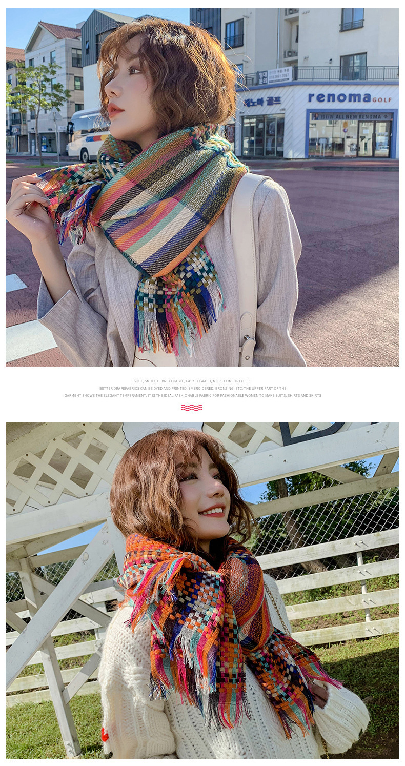 秋冬新款韩版围巾女草编彩条时尚披肩加长加厚保暖田园风围巾详情21