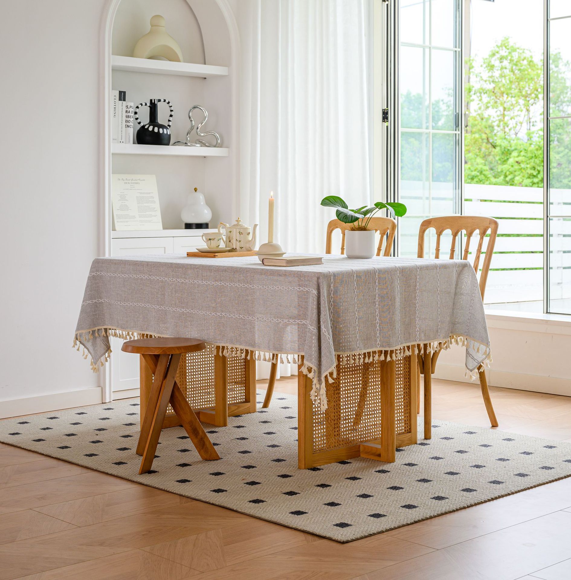 Cross-border three-dimensional embroidered striped tablecloth, popular black solid color, white cotton and linen tablecloth cover, fabric outdoor party pic 71