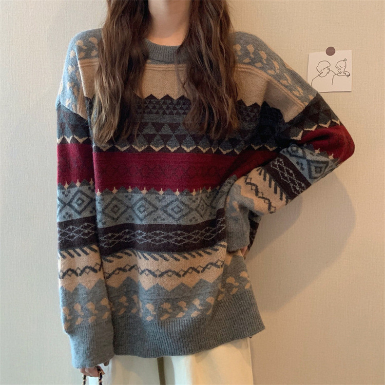 2023秋季新款复古休闲百搭慵懒风套头圆领针织毛衣女撞色针织上衣详情1