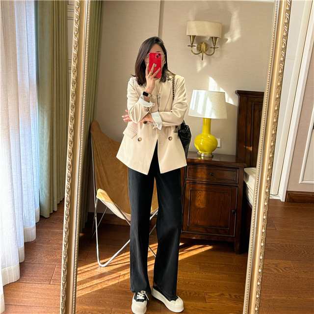 Treasure pants: Slimming, versatile, drape black straight-leg jeans for petite women, high-waisted wide-leg pants pic 23