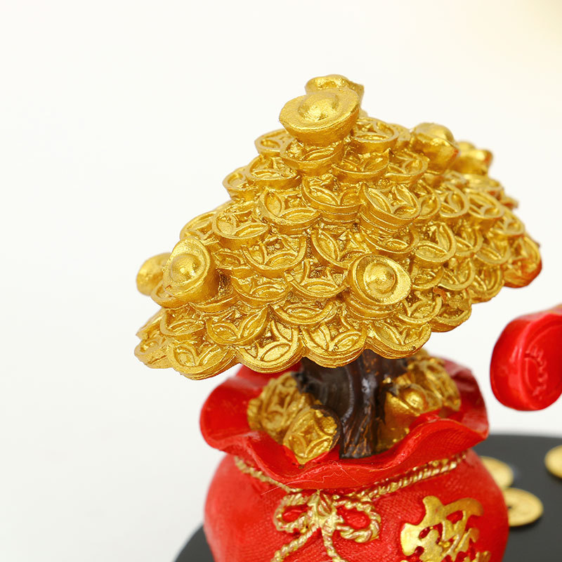 现代创意树脂工艺品财神爷发财树搭配铜钱元宝家居装饰摆件详情8