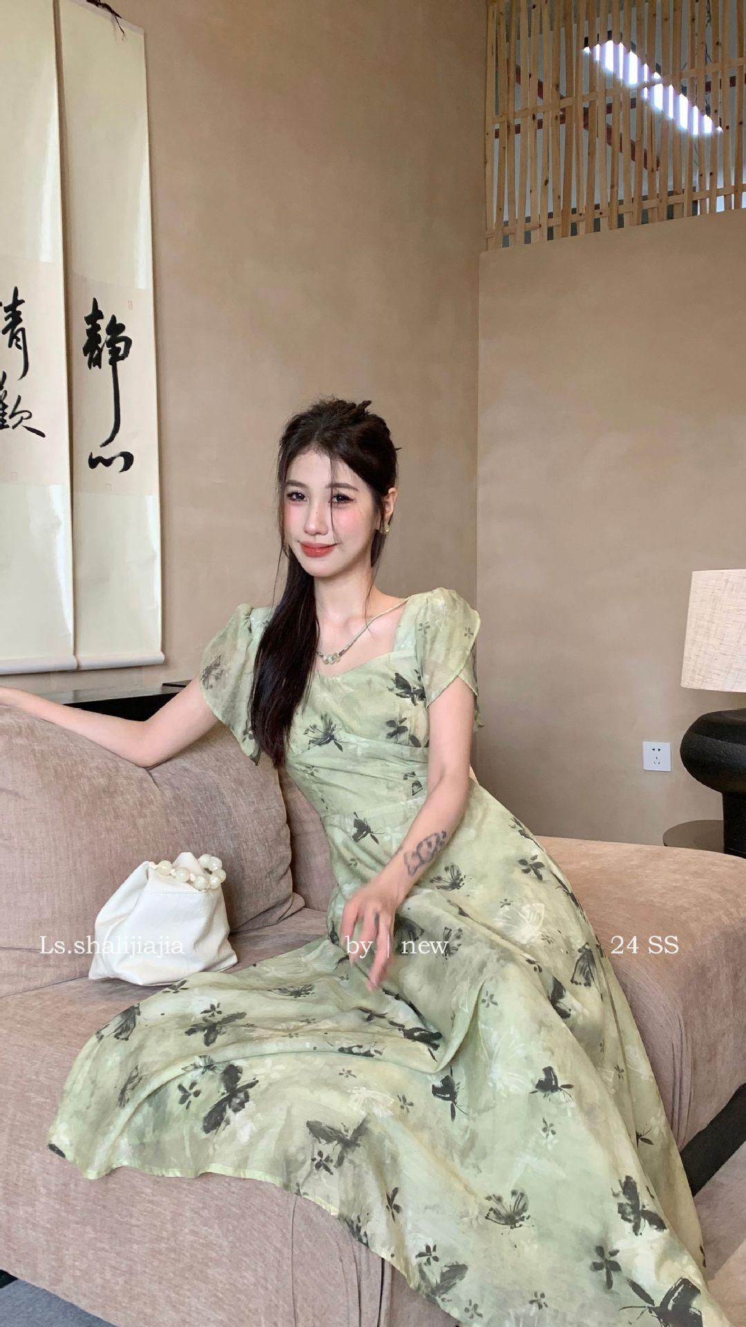 LS广州十三行春夏2024新品女装碎花度假优雅修身方领连衣裙51250#详情21