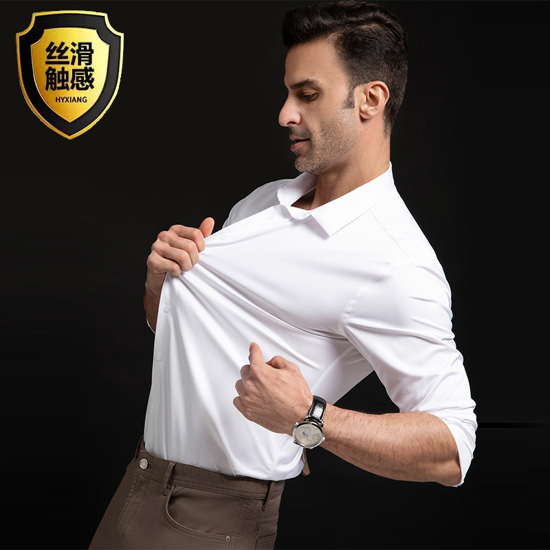 亚马逊爆款四面弹力男士衬衫商务休闲正装系扣免烫纯色衬衫男长袖详情4