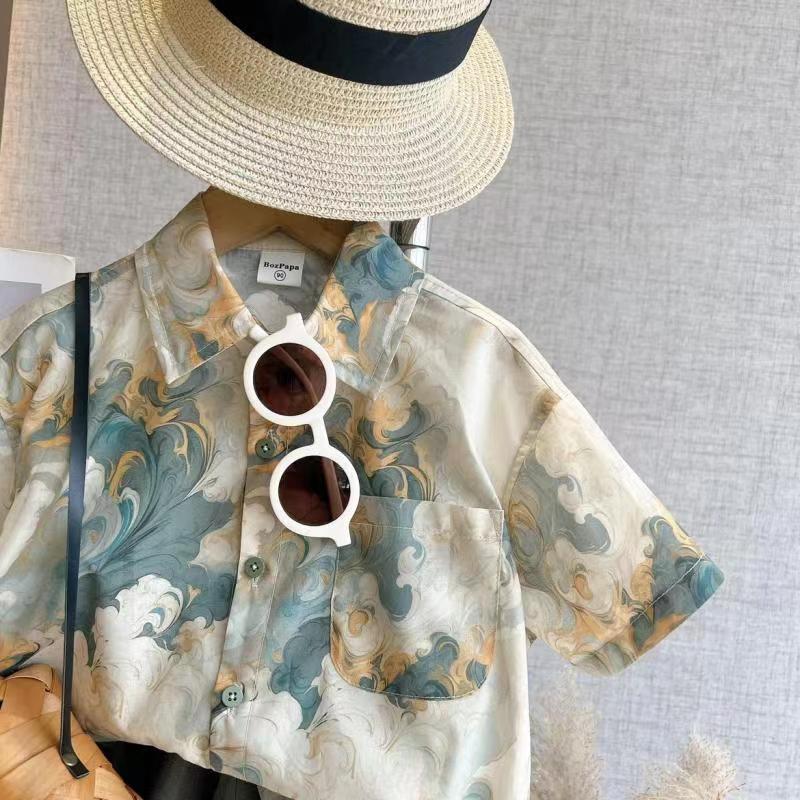 男童短袖衬衫套装海浪图绘短袖儿童时尚夏款老花拼接衬衣两件套潮详情2