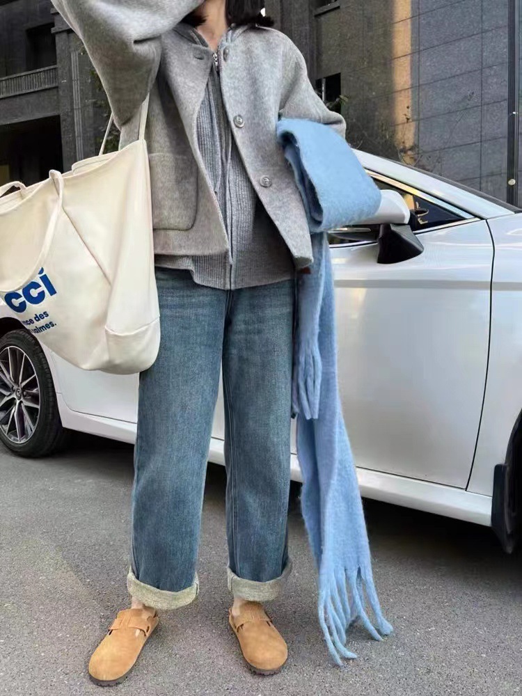 2023 Autumn/Winter new collarless double-sided wool coat, mid-length Korean-style loose and casual woolen coat for girls pic 9