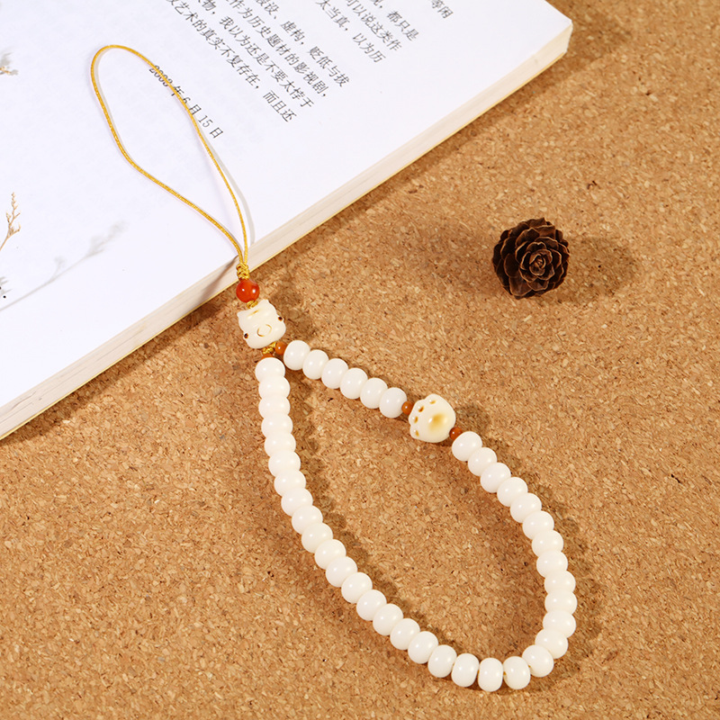 White jade Bodhi root multi-treasure prayer beads mobile phone chain, retro olive ring pendant, anti-loss creative car bag pendant pic 12