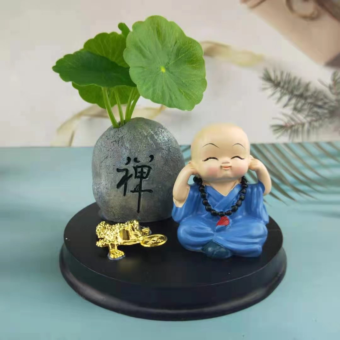 汽车小摆件禅意古风荷叶仿真绿植铜钱草佛珠小和尚车载中控台装饰详情11